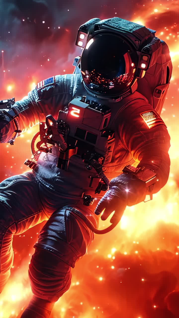 A man in a spacesuit is floating in space. The background is filled with fire and smoke, giving the impression of a dangerous and chaotic environment