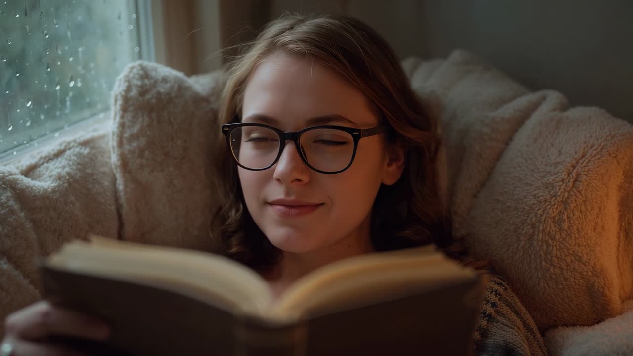 Une femme lisant, portant un pull et des lunettes, tourne les pages d’un livre à couverture rigide dans un fauteuil près d’une fenêtre où la pluie tombe, pour se détendre
