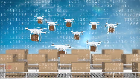 animation of drones holding cardboard boxes with cardboard boxes lying on conveyor belts