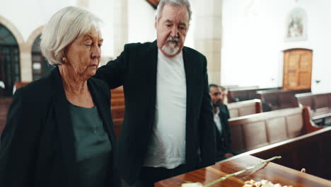 funeral, church and people with flower on coffin