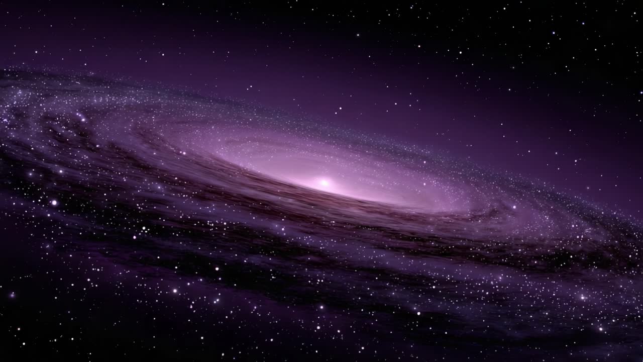 紫色の広大な宇宙空間に渦巻く美しい銀河の魅惑的な光景。その複雑な構造と、広大な宇宙に輝く無数の星々が際立っています。