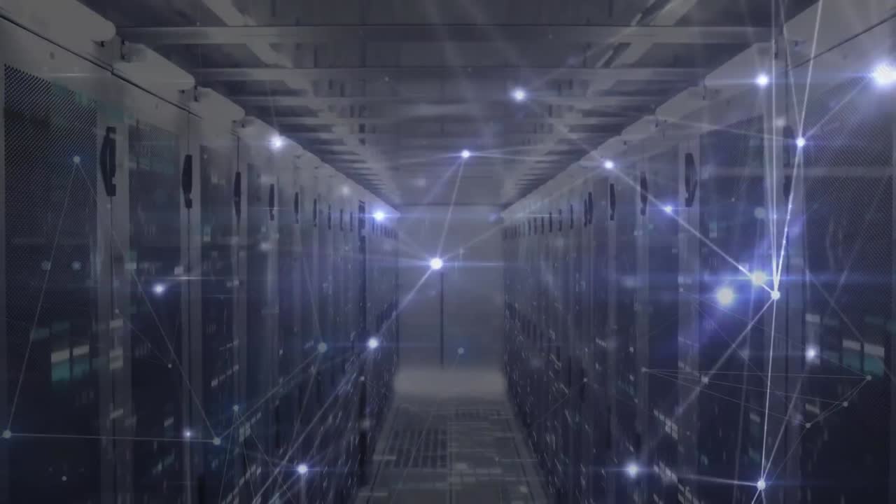 Animation of network of connections and moving columns over server room