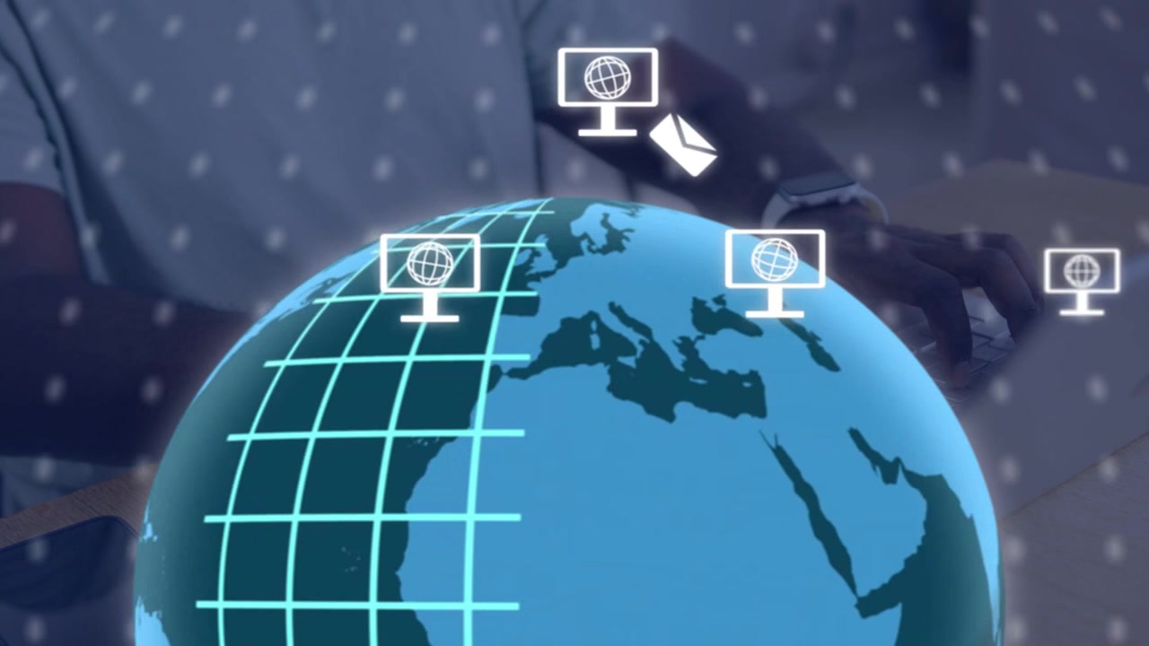Man using laptop starting tech globe overlay, forming rotating grid and floating monitor or mail ico