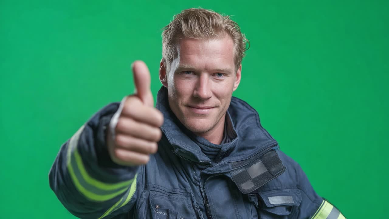 Confident Firefighter Posing with Thumbs Up, Showcasing Professionalism and Readiness to Serve in Emergency Situations Against a Green Background
