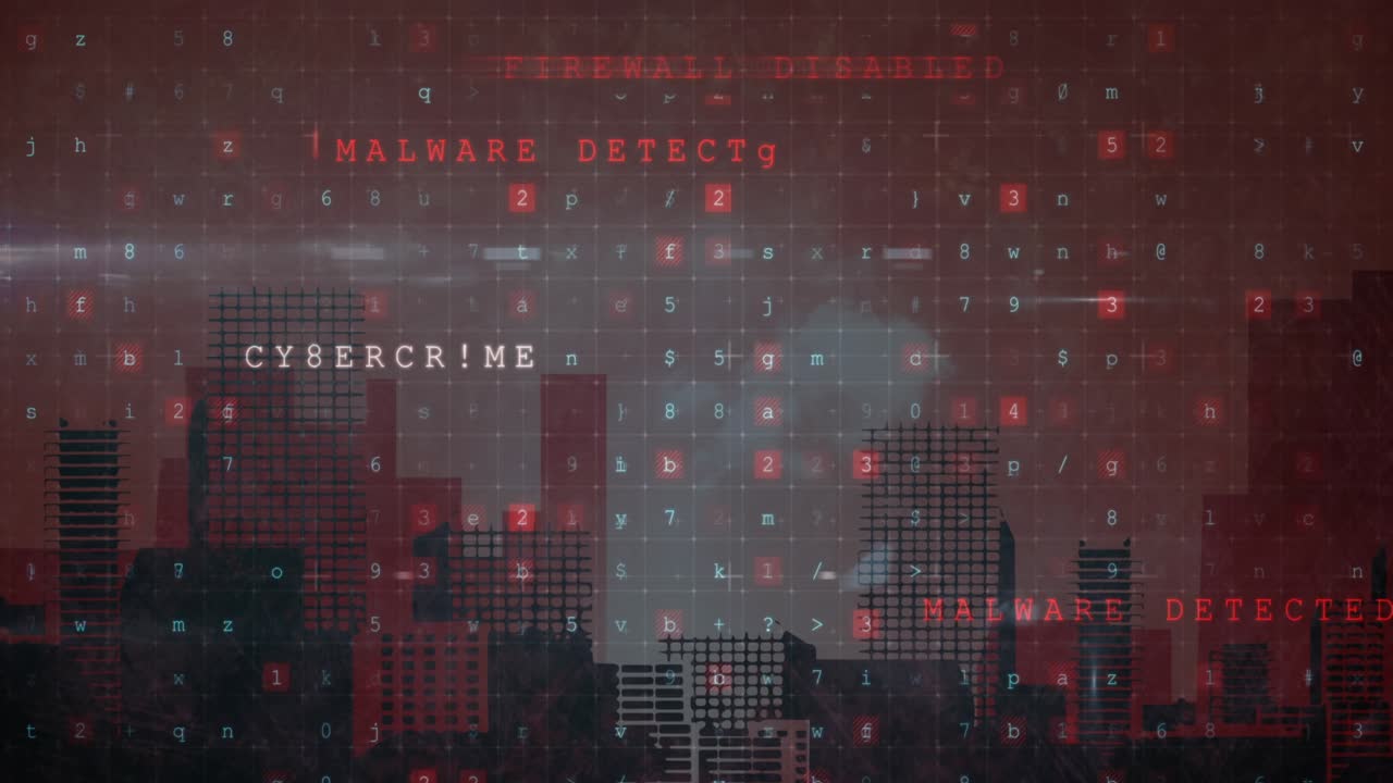 Animation of cyber attack warning over cityscape on red background