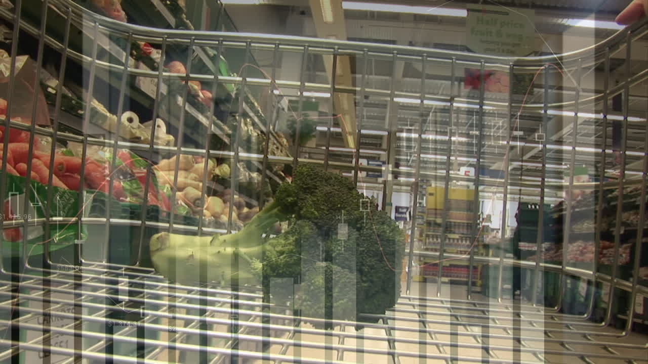 가게에서 트롤리를 가진 백인 남자에 대한 데이터 처리 애니메이션