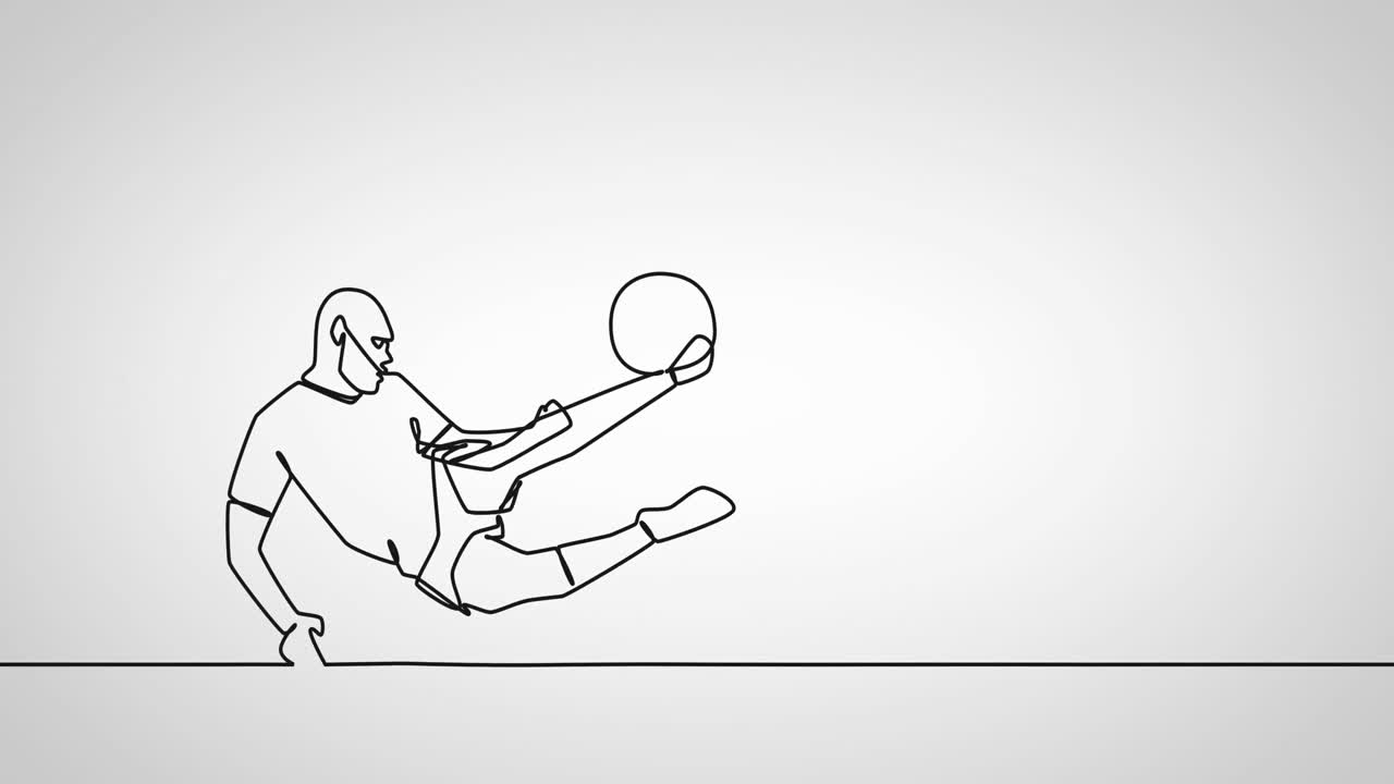 animación de un dibujo de un jugador de fútbol masculino pateando una pelota sobre un fondo blanco