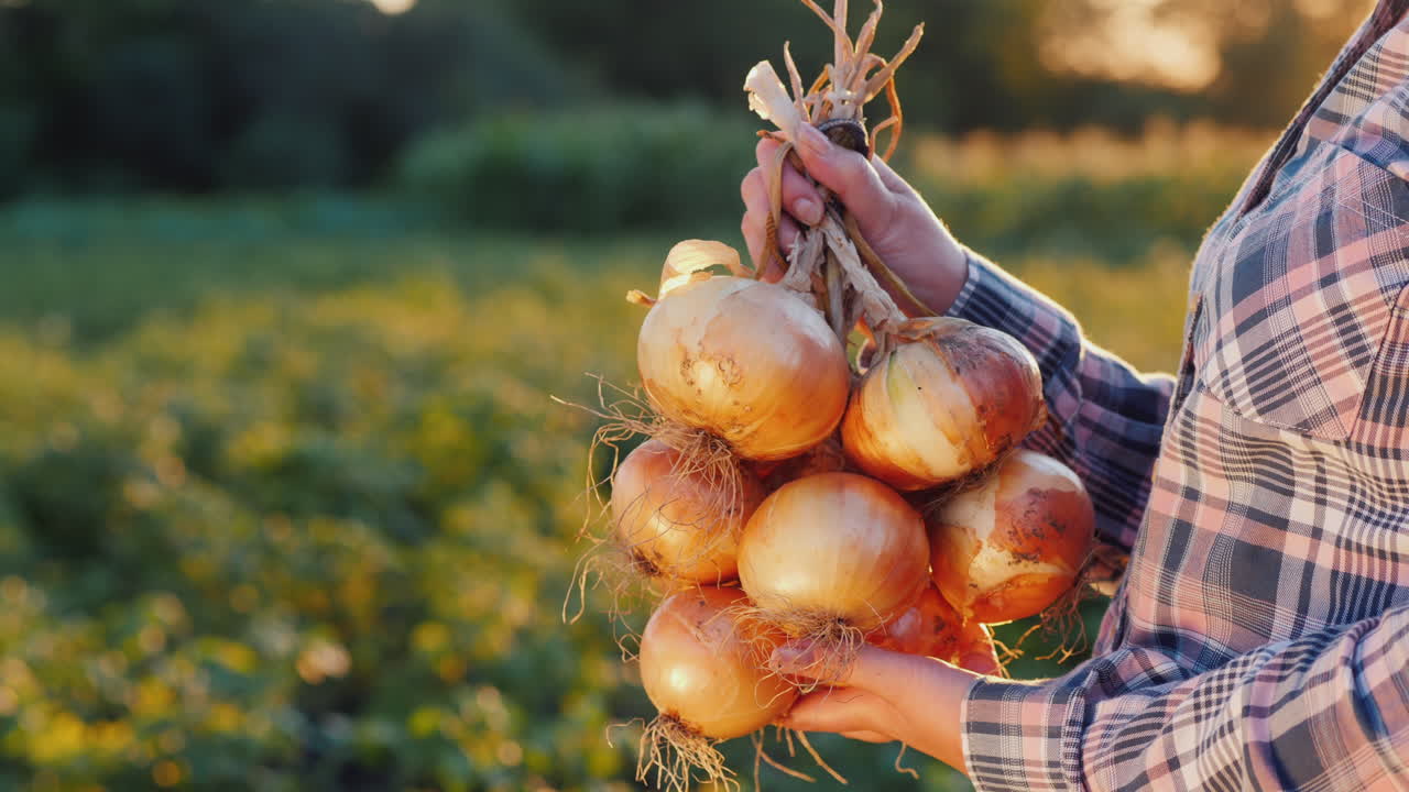 Farmer holds a braid of ripe onion