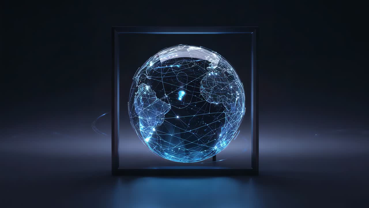 Rotating globe as scene opens, pulsing nodes with square frame showing global links in dark studio