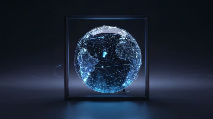 Rotating globe as scene opens, pulsing nodes with square frame showing global links in dark studio