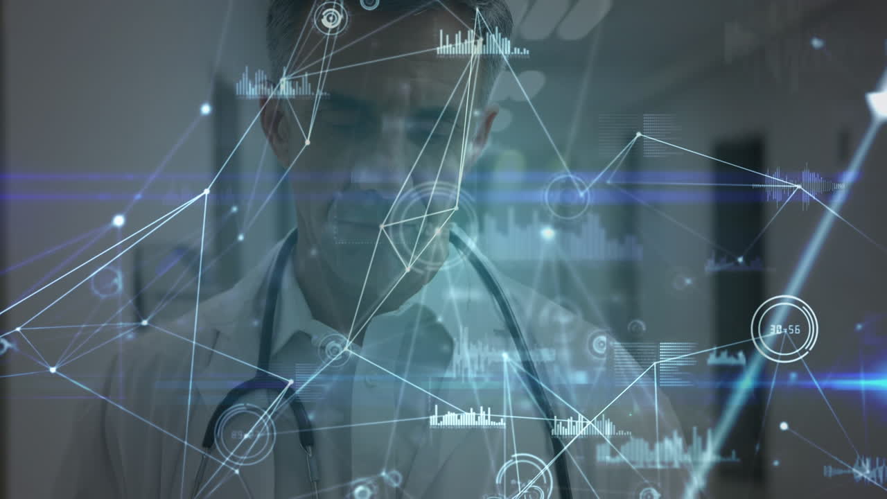 디지털 태블릿을 사용하는 백인 고위 남성 의사에 대한 연결 네트워크의 애니메이션