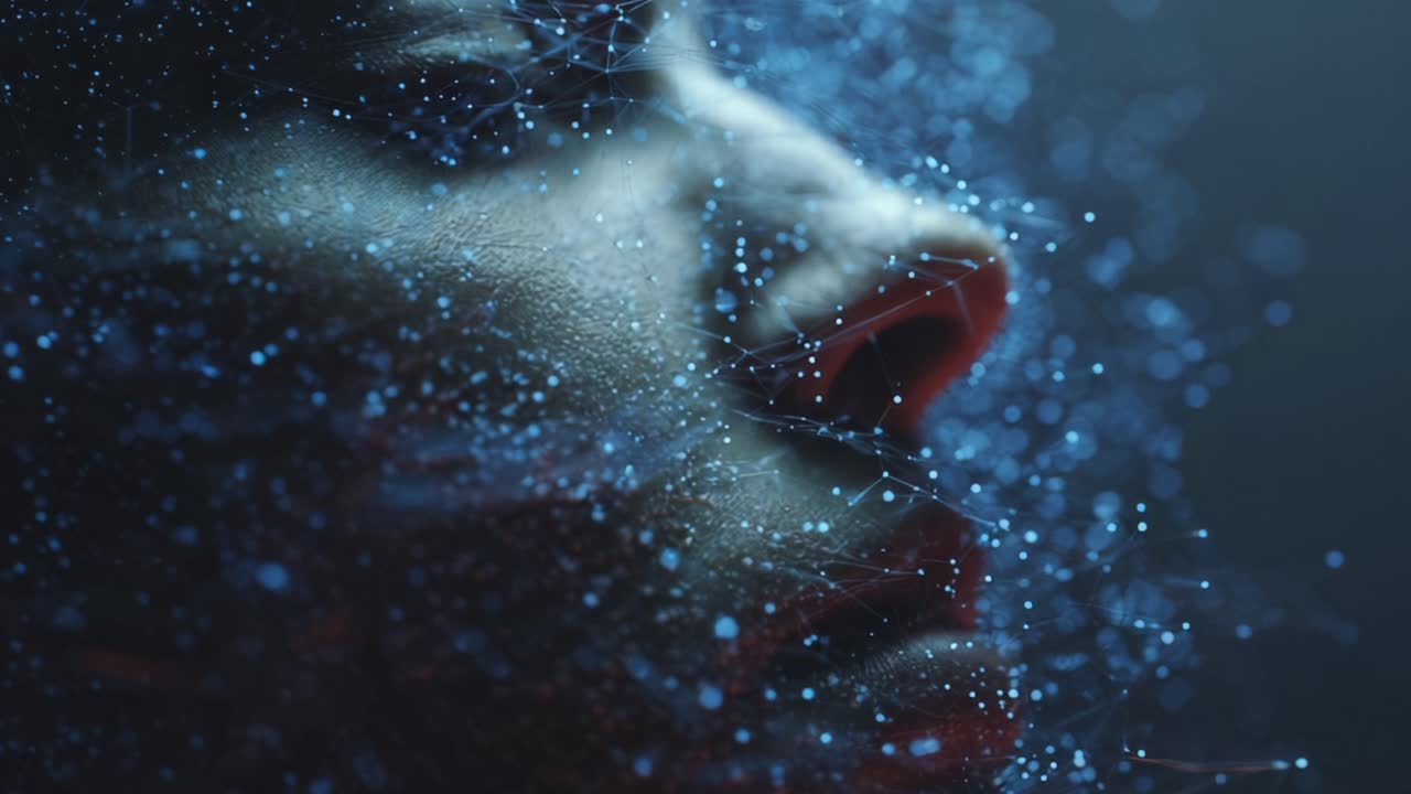 Futuristic concept of a digital human face dissolving into a glowing network of plexus particles, representing artificial intelligence, machine learning, technology, and the metaverse connection