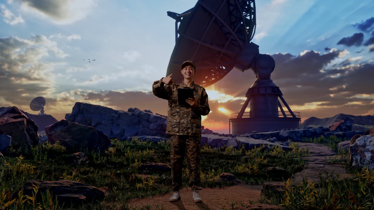 Full Body Of Asian Man Soldier Smiling And Pointing To A Tablet In His Hand While Standing With Satellite Dish