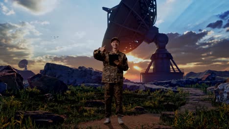 full body of asian man soldier smiling and pointing to a tablet in his hand while standing with satellite dish