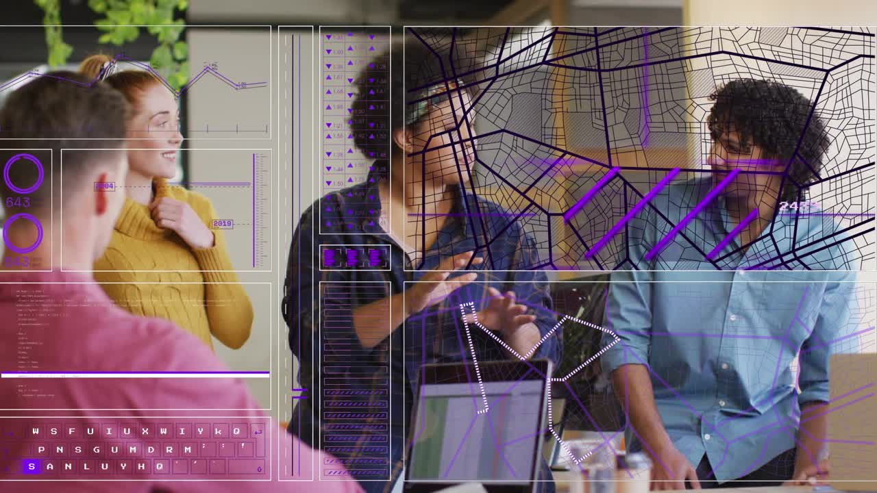 Animation of interface with data processing over diverse colleagues discussing together at office
