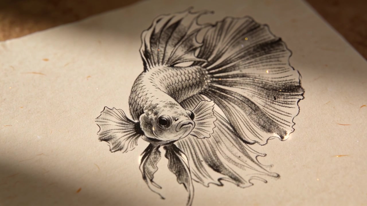 Luce mutevole che si concentra, mostrando macchie d'ombra diagonali che brillano su un betta disegnato a penna e inchiostro su carta color crema