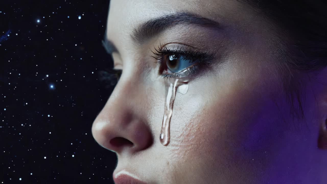 A woman shedding a tear in a starry night, representing sadness and hope