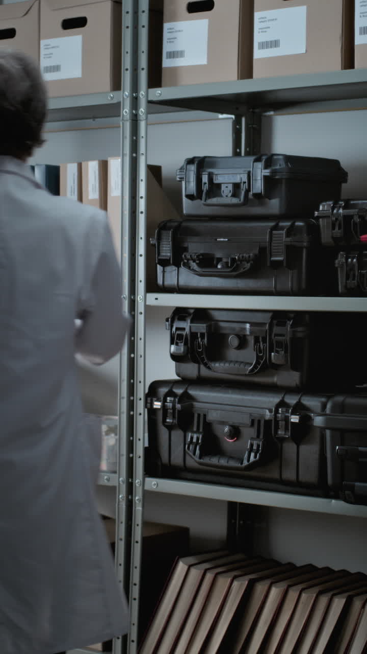 hombre en una bata de laboratorio manejando casos de equipos en la sala de almacenamiento