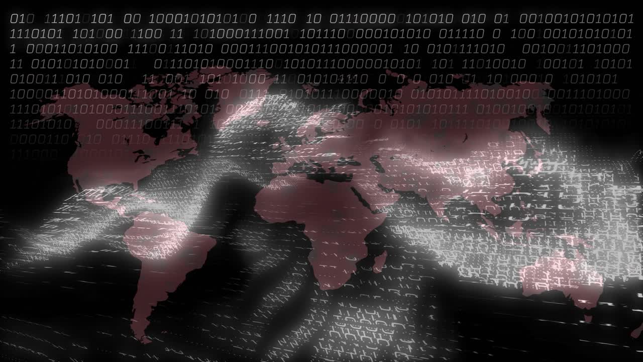 Upon dark fade, digital map appearing, data shimmering, light streaming, visualizing global data