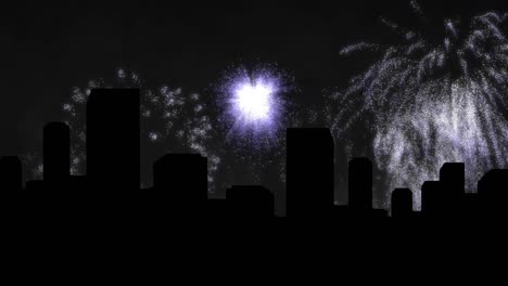 animation of white christmas and new year fireworks in night sky over cityscape