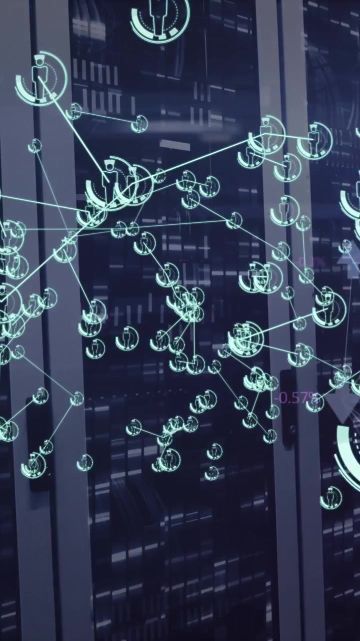 Animation of icons connected with lines over falling bar against server room in background