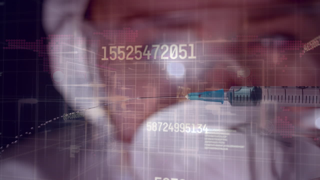 주사기와 백인 여성 과학자에 대한 데이터 처리 애니메이션