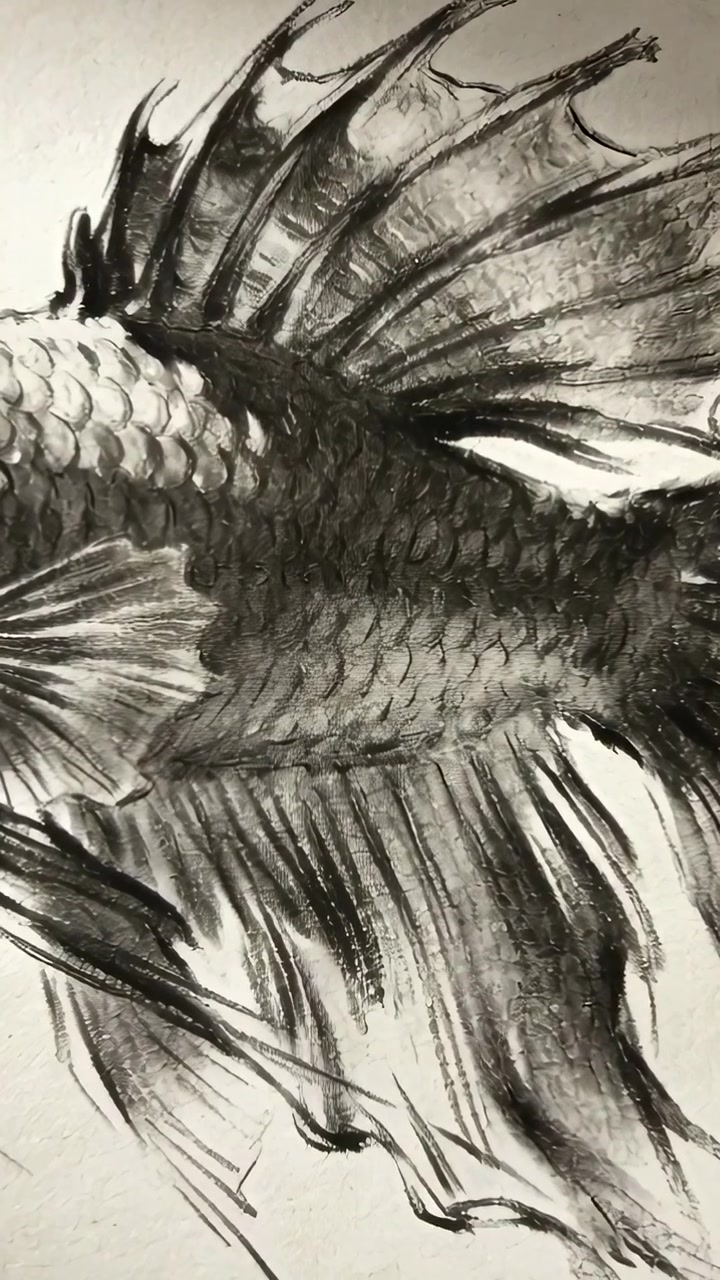 Video verticale: Telecamera che scorre su un disegno di pesce a carboncino su carta, per rivelare tratti sfumati e delicati.