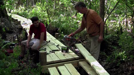 padre e hijo trabajan en una pasarela de madera a través de los everglades