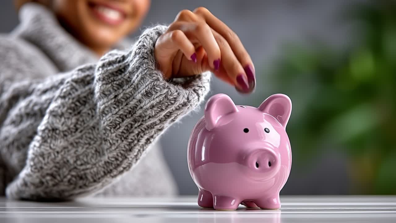 Hucha rosa sobre una mesa con una mujer de fondo, para un concepto de ahorro e inversión financiera.