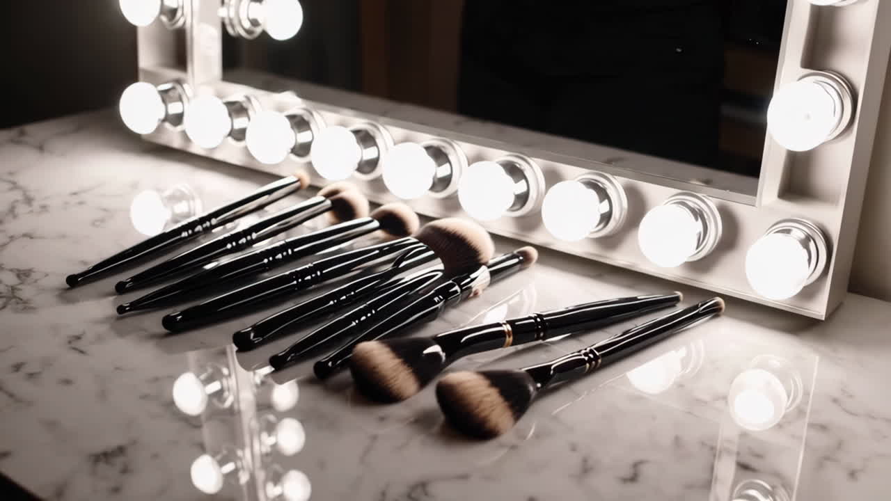 Makeupbørster på et toiletbord af marmor
