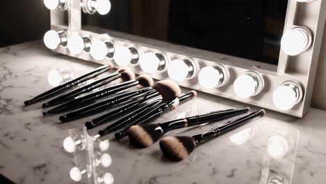 makeup brushes on a marble vanity table