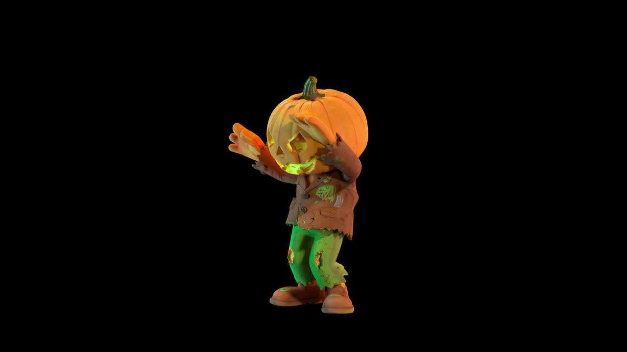 Personaggio spettrale con la testa di zucca che esegue la camminata da zombie