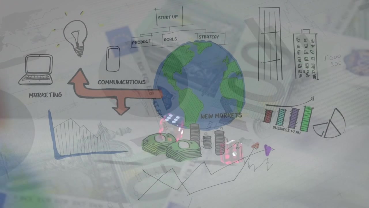 Animation of text with globe and network of connections