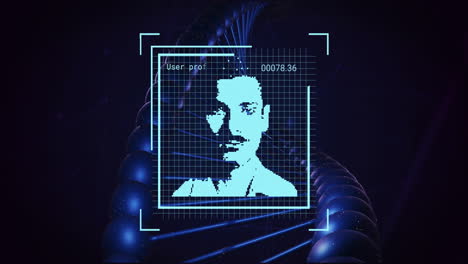 animation of digital biometric photo and dna strand on black background