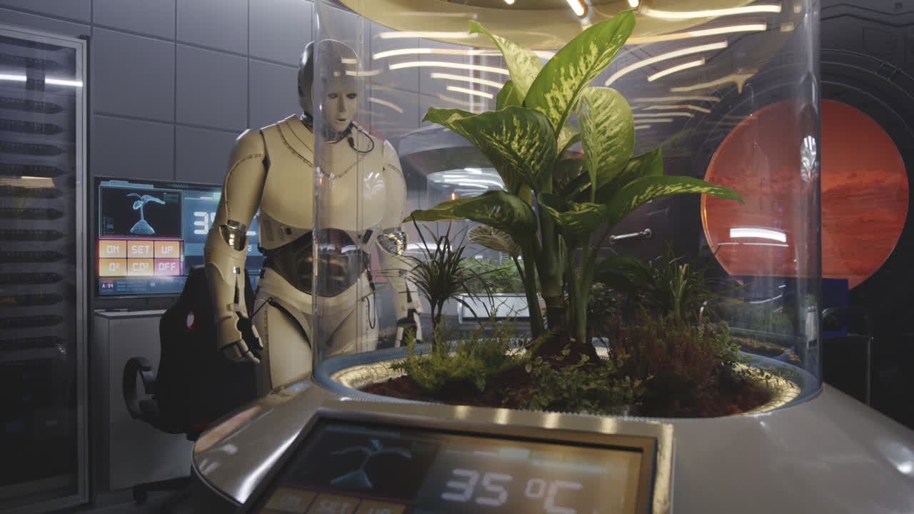 robot cuidando una planta en un laboratorio espacial