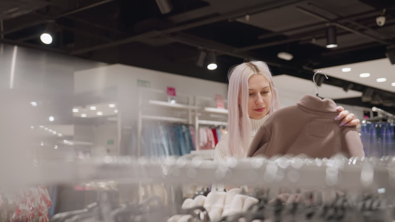 Woman browsing rack of neutral garments in boutique removes fleece pullover and admires softness of fabric under warm lighting while evaluating style and quality with gentle careful touch