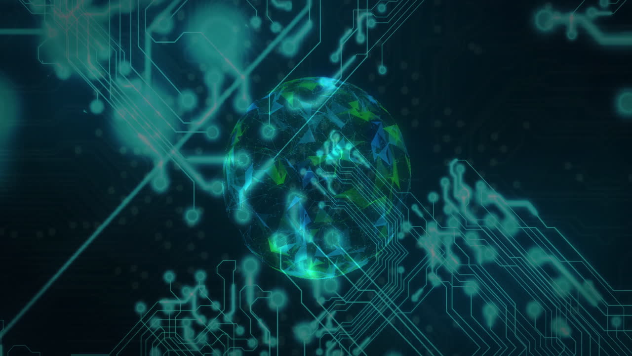 Animation of digital globe with glowing circuit patterns on dark background