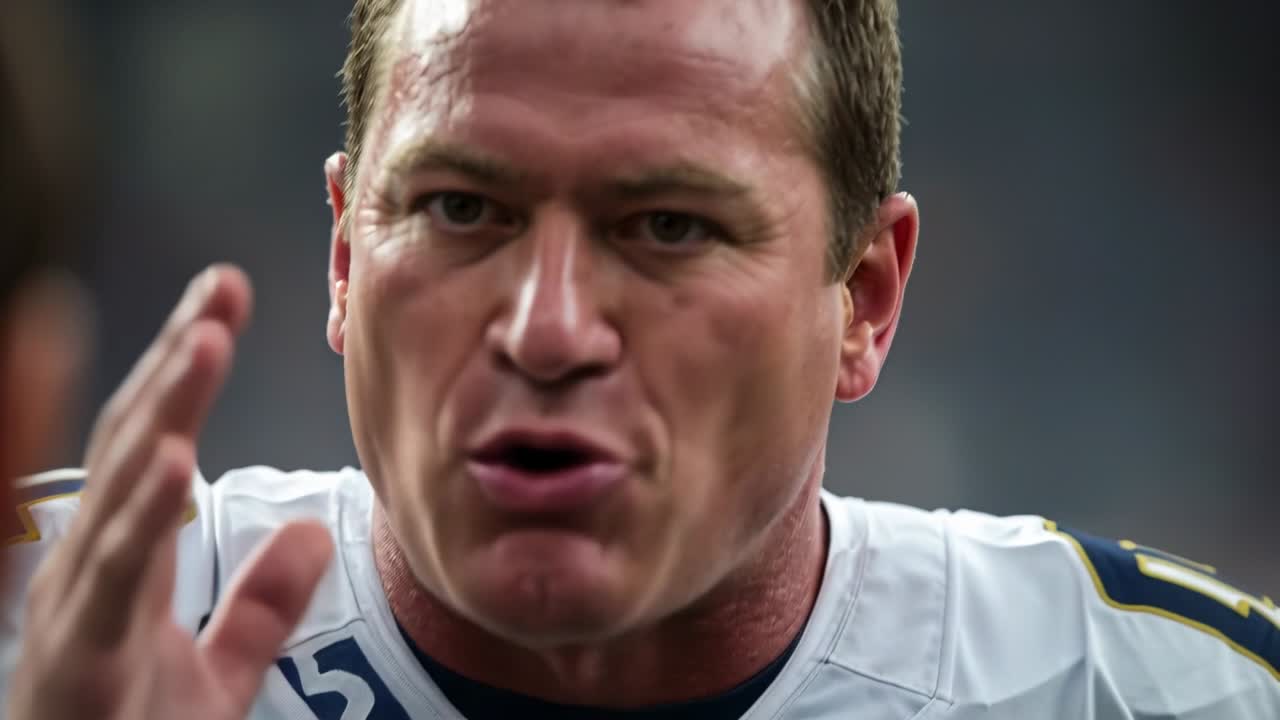 Pemain berteriak dengan jersey putih nomor 52 setelah pertandingan menyemangati tim dalam formasi huddle dengan bantalan bahu dan keringat