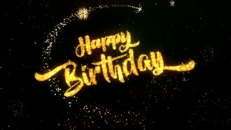 happy birthday greeting and wishes card made from glitter particles and sparklers light dark night sky with colorful firework 4k background.