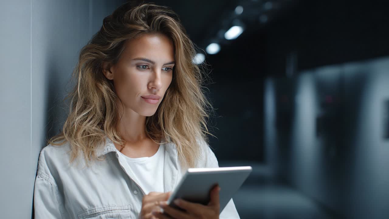 A focused woman interacts with a tablet in a dimly lit hallway, showcasing concentration and engagement in digital technology