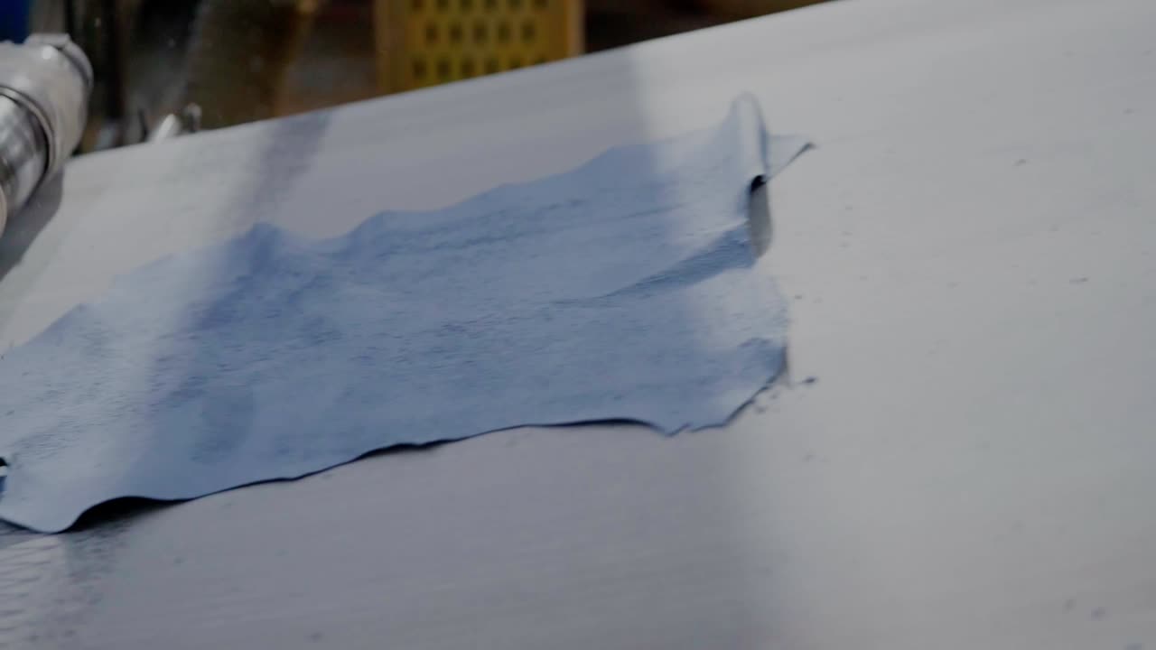 Animal Hides Moving Along Conveyor Belts On Industrial Machines In A Leather Factory