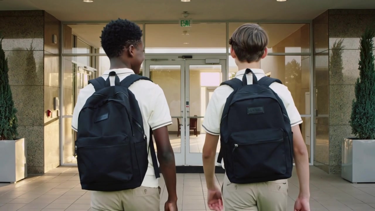 Walking two teen students heading to glass double doors to class, carrying black backpacks, polos
