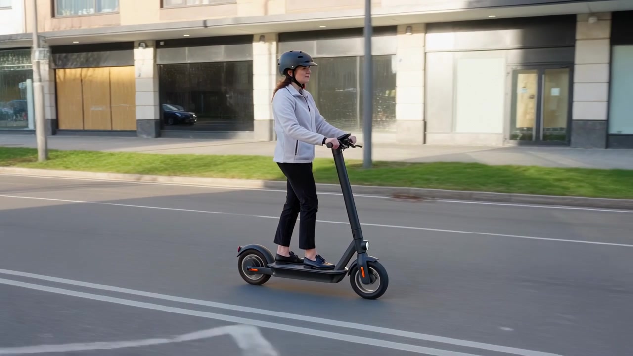 Donna adulta con casco e giacca che attraversa una strada cittadina su uno scooter elettrico, passando davanti a vetrine.