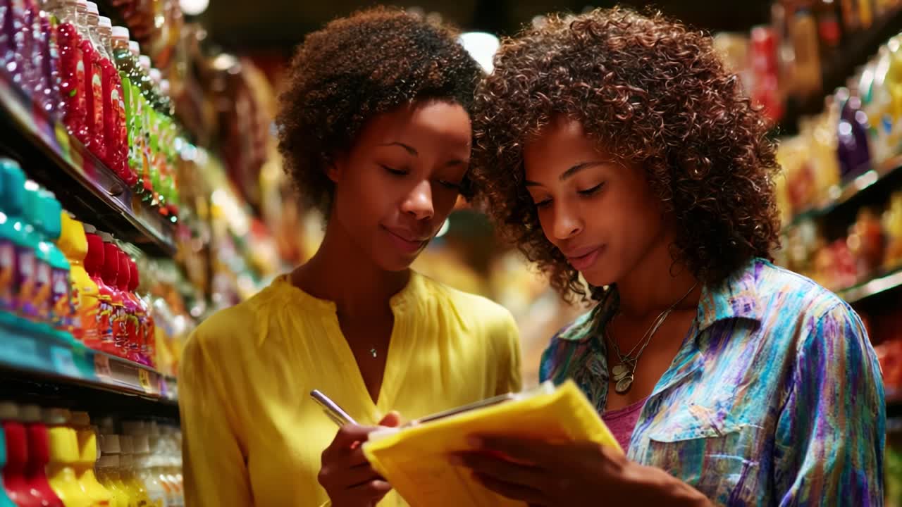 Two friends enjoy shopping together as they check off items from their grocery list, surrounded by colorful shelves filled with a variety of products in a vibrant store