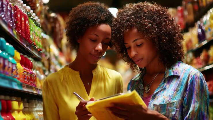 Two friends enjoy shopping together as they check off items from their grocery list, surrounded by colorful shelves filled with a variety of products in a vibrant store
