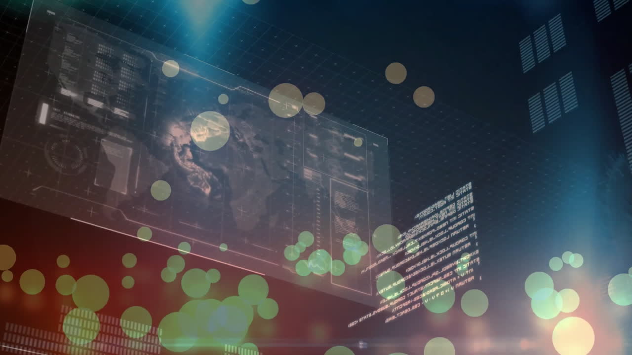 어두운 배경에서 스크린에서 디지털 데이터 처리의 애니메이션