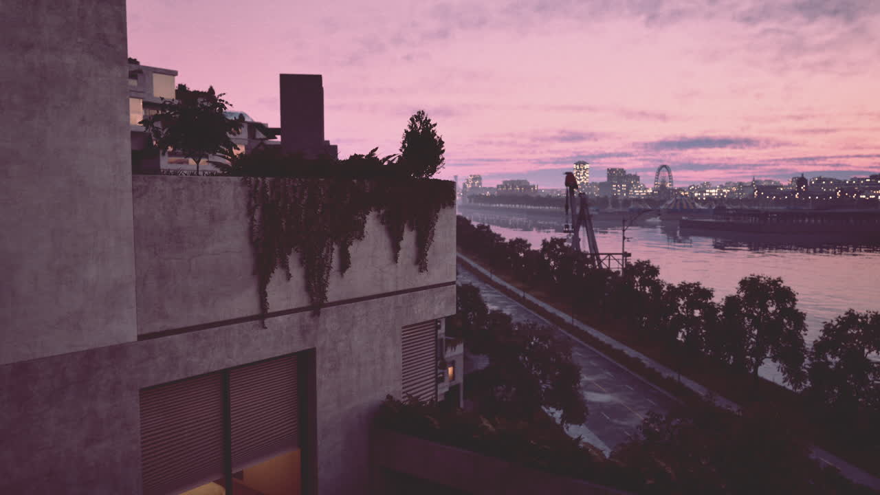 멀리서 페리스 과 함께 도시 위의 아름다운 일몰