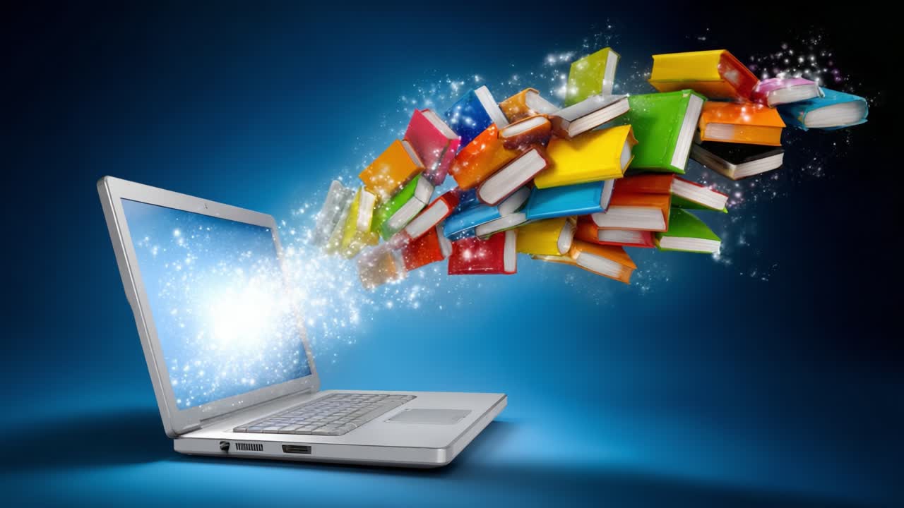 A Magical Transformation: E-books Erupting from a Laptop with Colorful Schemes Representing the Access to Unlimited Knowledge and Information Flow