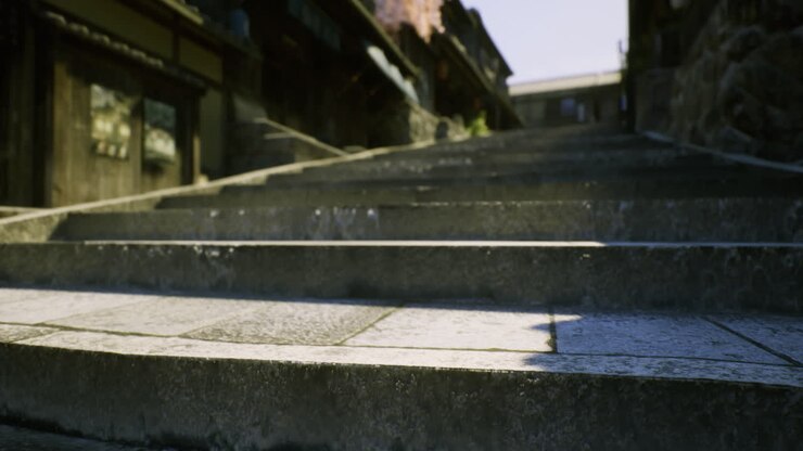 Stones steps lead up a peaceful ancient path in a historic district