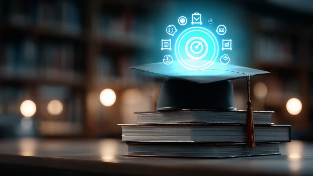 An Academic Cap Resting on Stacked Books with Glowing Symbols Representing Knowledge and Technology, Illuminating the Pursuit of Learning and Innovation